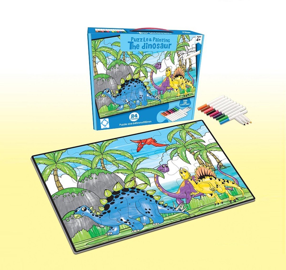 Puzzel Kleuren – Dinosaurussen |Kinderpuzzel - Dinosaurus | Legpuzzel 24 stukjes| Kleurpuzzels voor Kinderen | Puzzel Kleurplaat – 24 stukjes – 65x90 cm